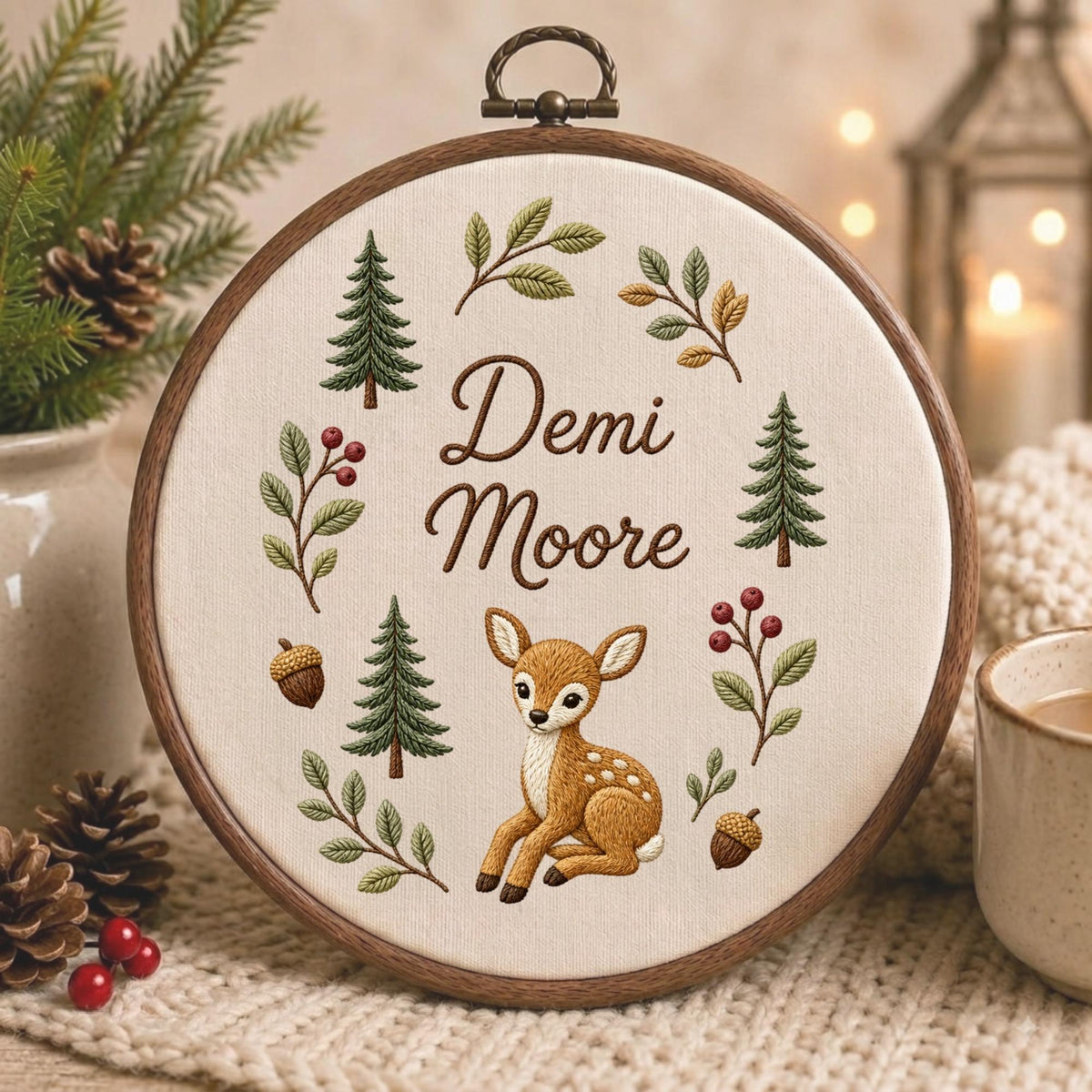 May include: A circular wooden embroidery hoop containing cream-colored fabric with hand-stitched designs. The embroidery features a brown fawn, green pine trees, acorns, and leafy branches. The text "Demi Moore" is stitched in brown script.
