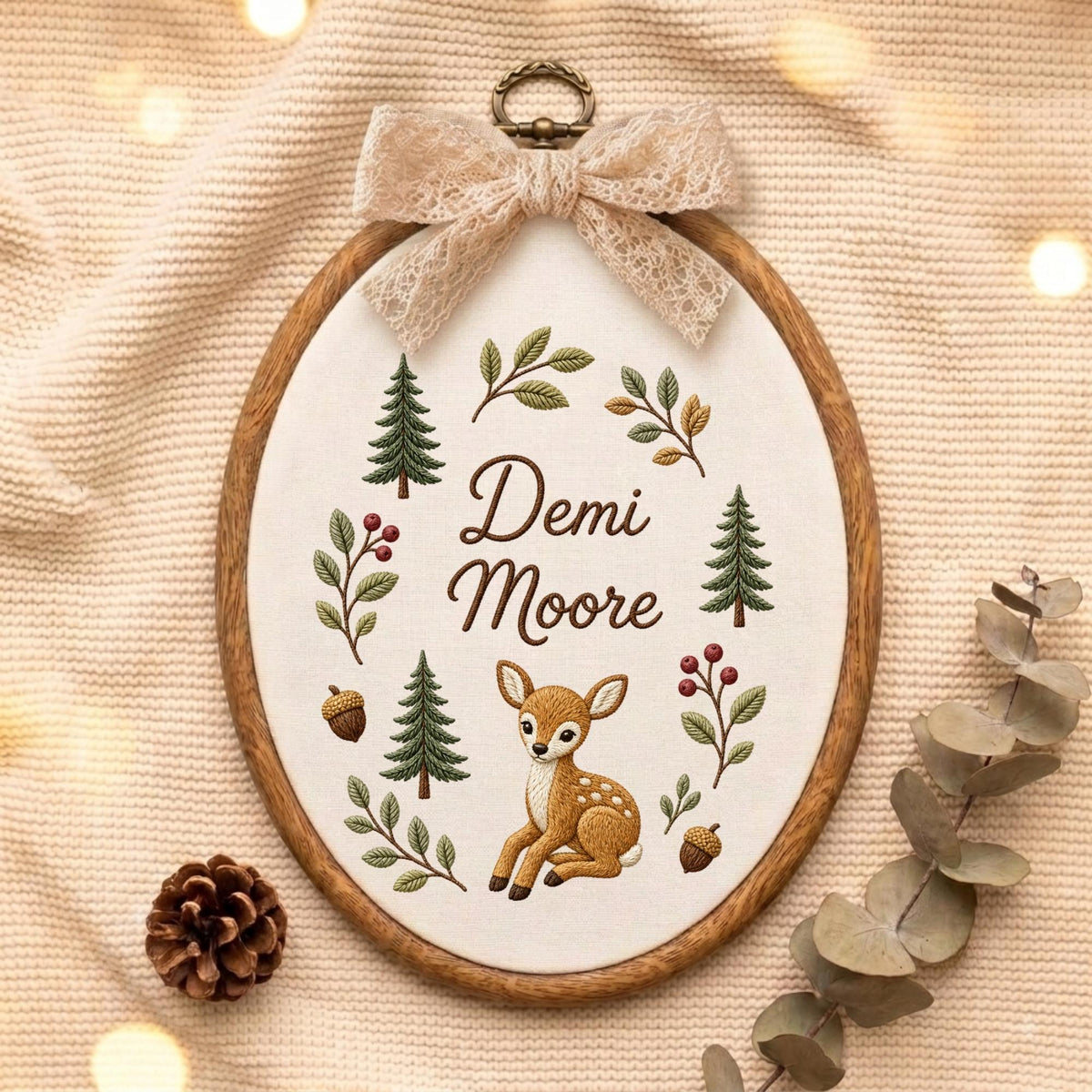 May include: An oval wooden embroidery hoop containing white fabric with the embroidered name Demi Moore, a brown fawn, green pine trees, acorns, and leafy branches. A beige lace bow is attached to the top of the hoop with a metal hanger.