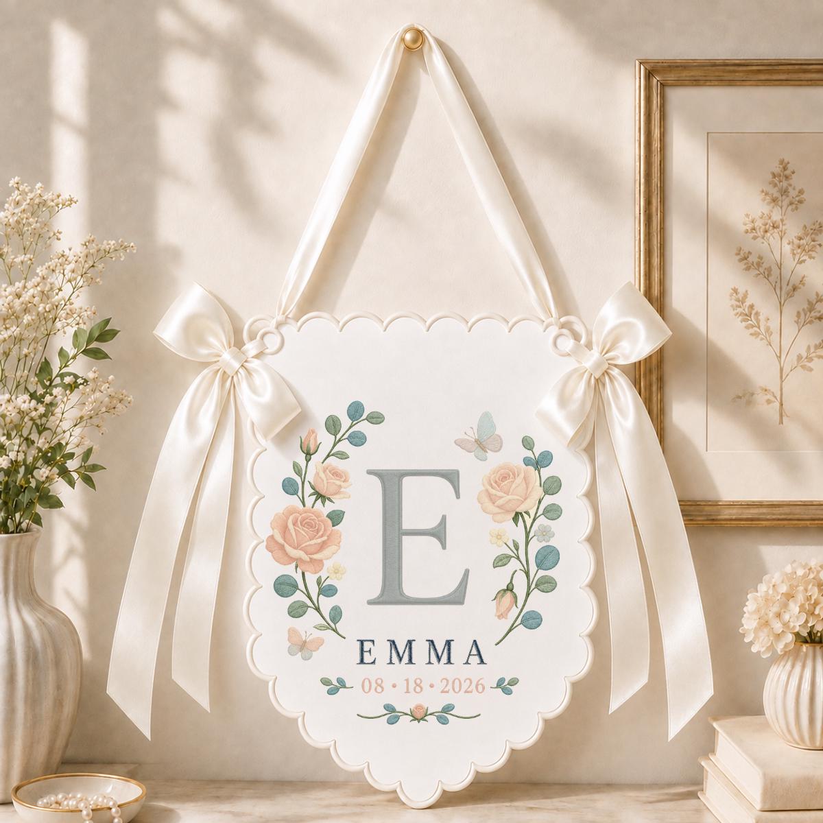 Custom Monogram Wall Hanging, Emma Floral Embroidery Banner, Purple Ribbon Bow Ornament, Personalized Nursery Decor, Keepsake Gift