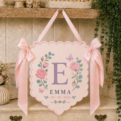 Custom Monogram Wall Hanging, Emma Floral Embroidery Banner, Purple Ribbon Bow Ornament, Personalized Nursery Decor, Keepsake Gift