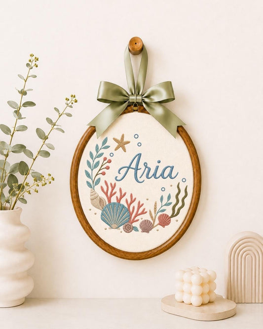 Personalized Under the Sea Embroidered Ornament, Custom Baby Name Ocean Hoop, Seashell Coastal Nursery Decor, Baby Girl Gift