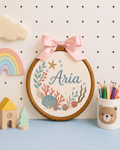 Personalized Under the Sea Embroidered Ornament, Custom Baby Name Ocean Hoop, Seashell Coastal Nursery Decor, Baby Girl Gift