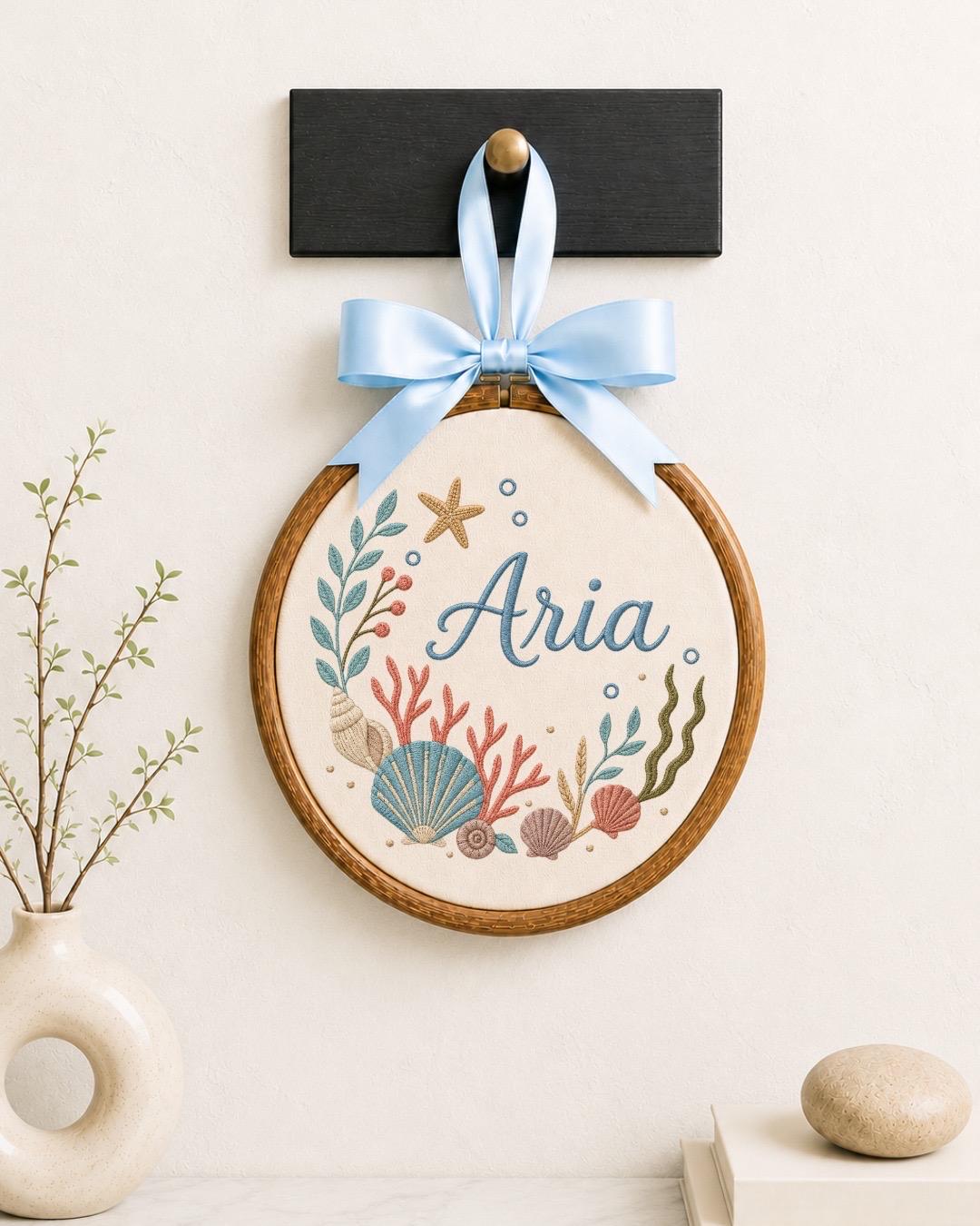 Personalized Under the Sea Embroidered Ornament, Custom Baby Name Ocean Hoop, Seashell Coastal Nursery Decor, Baby Girl Gift