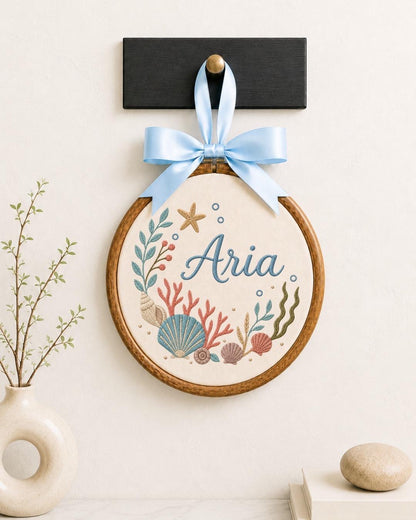 Personalized Under the Sea Embroidered Ornament, Custom Baby Name Ocean Hoop, Seashell Coastal Nursery Decor, Baby Girl Gift