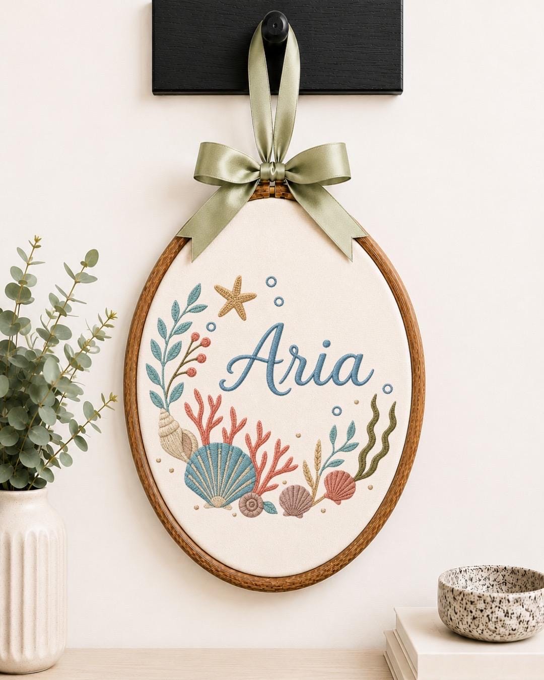 Personalized Under the Sea Embroidered Ornament, Custom Baby Name Ocean Hoop, Seashell Coastal Nursery Decor, Baby Girl Gift
