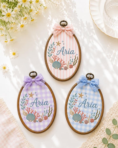 Personalized Under the Sea Embroidered Ornament, Custom Baby Name Ocean Hoop, Seashell Coastal Nursery Decor, Baby Girl Gift