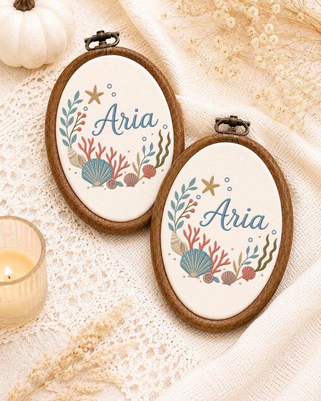 Personalized Under the Sea Embroidered Ornament, Custom Baby Name Ocean Hoop, Seashell Coastal Nursery Decor, Baby Girl Gift