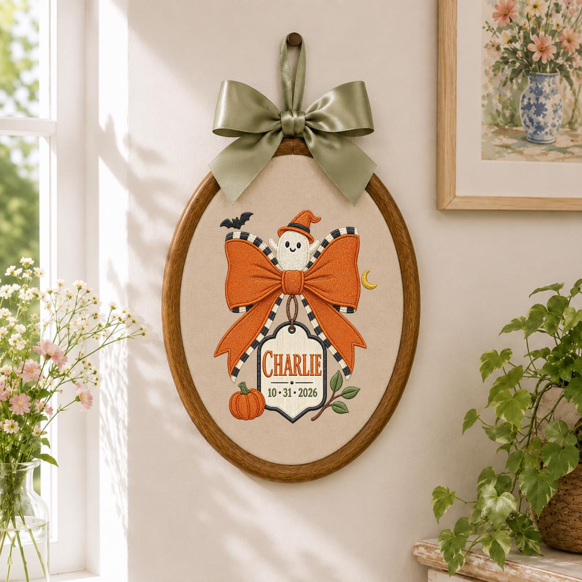 Personalized Halloween Ghost Ornament, Charlie Name Embroidery Hoop, Pumpkin and Bow Decor, Spooky Oval Wall Hanging, Custom Gift