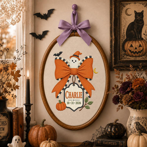 Personalized Halloween Ghost Ornament, Charlie Name Embroidery Hoop, Pumpkin and Bow Decor, Spooky Oval Wall Hanging, Custom Gift