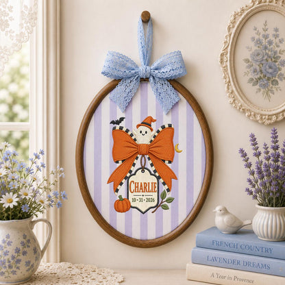 Personalized Halloween Ghost Ornament, Charlie Name Embroidery Hoop, Pumpkin and Bow Decor, Spooky Oval Wall Hanging, Custom Gift