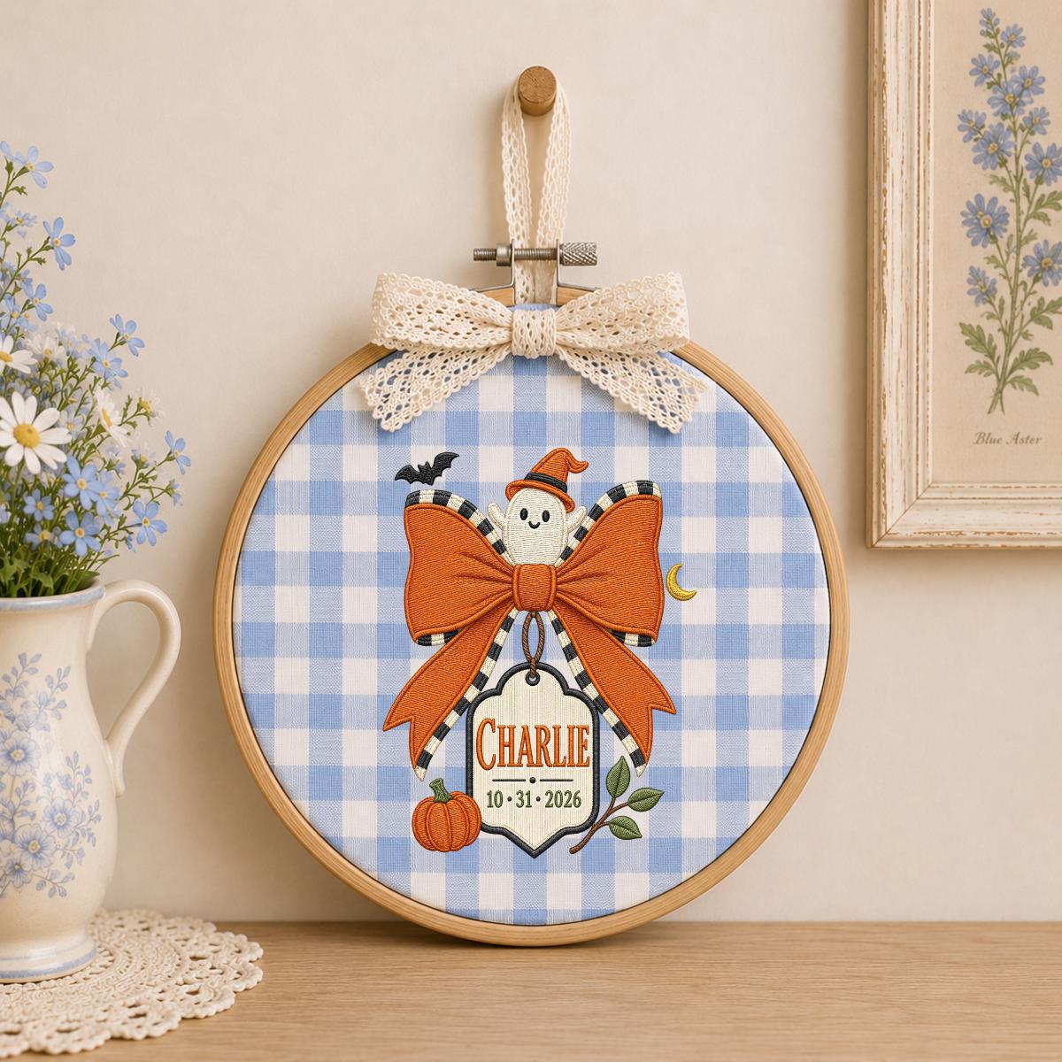 Personalized Halloween Ghost Ornament, Charlie Name Embroidery Hoop, Pumpkin and Bow Decor, Spooky Oval Wall Hanging, Custom Gift