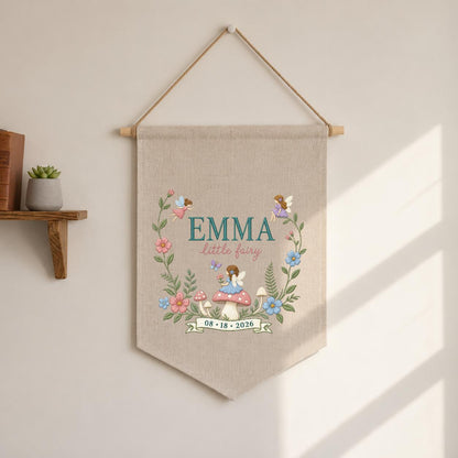 Personalized Fairy Garden Wall Hanging, Emma Little Fairy Banner, Mushroom and Floral Embroidery Pennant, Custom Date Nursery Gift