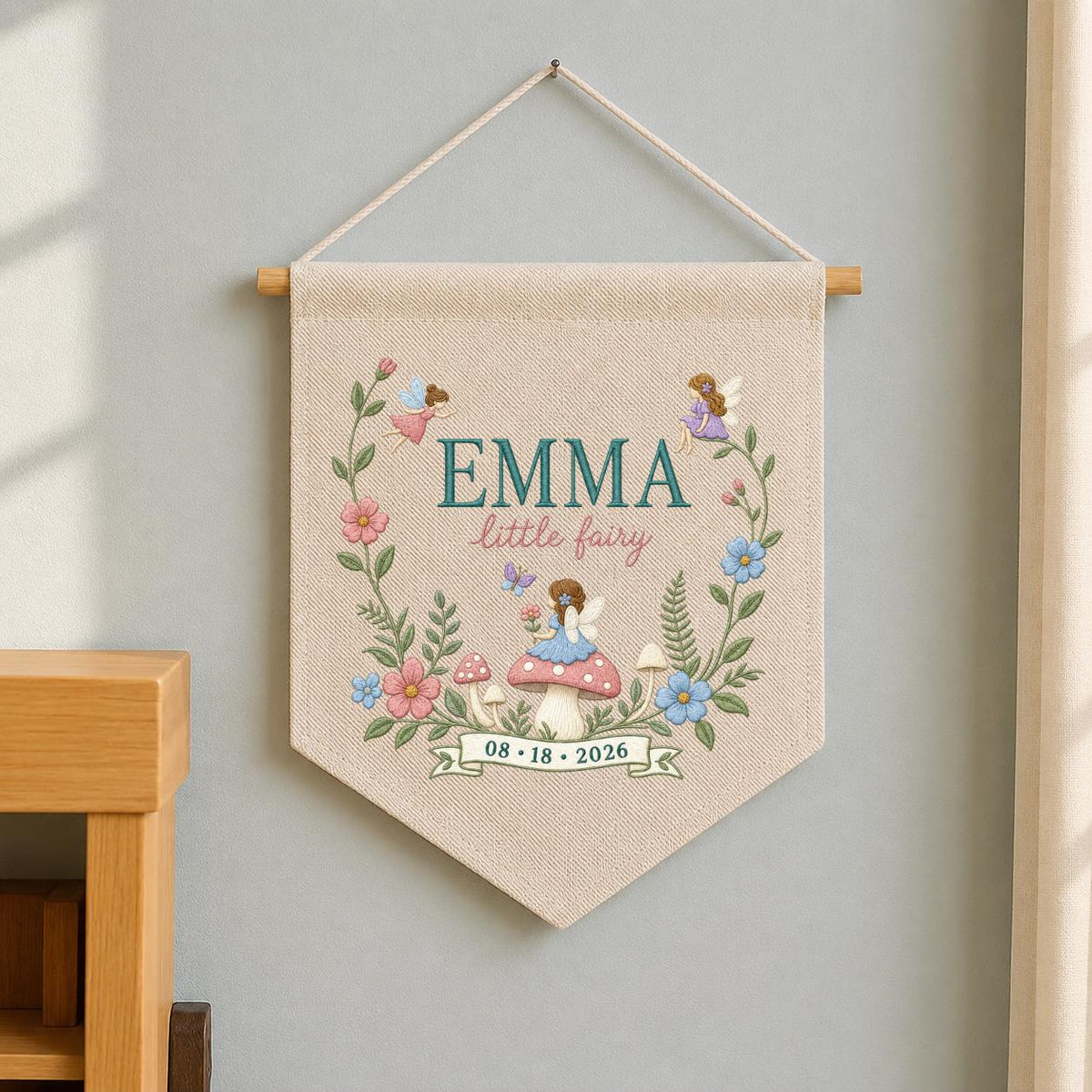 Personalized Fairy Garden Wall Hanging, Emma Little Fairy Banner, Mushroom and Floral Embroidery Pennant, Custom Date Nursery Gift