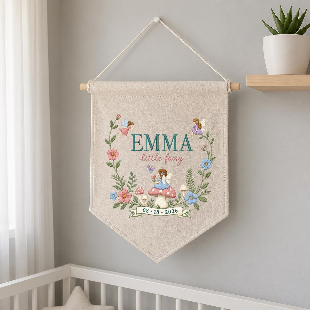 Personalized Fairy Garden Wall Hanging, Emma Little Fairy Banner, Mushroom and Floral Embroidery Pennant, Custom Date Nursery Gift