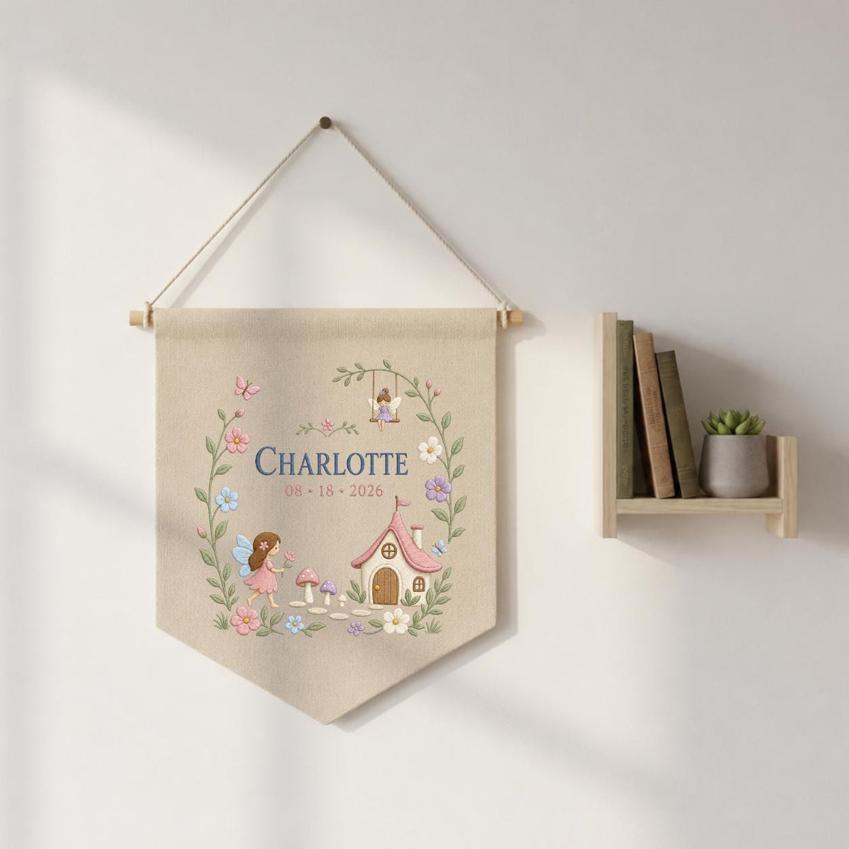 Personalized Fairy Garden Wall Hanging, Charlotte Name Embroidery Banner, Mushroom House and Swing Decor, Woodland Nursery Gift