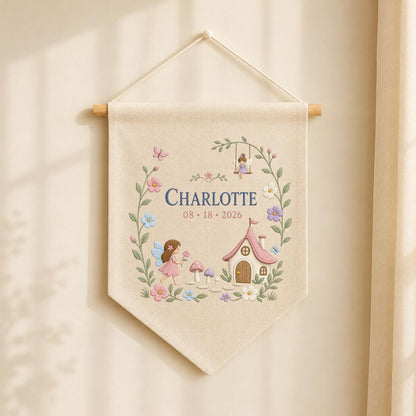 Personalized Fairy Garden Wall Hanging, Charlotte Name Embroidery Banner, Mushroom House and Swing Decor, Woodland Nursery Gift