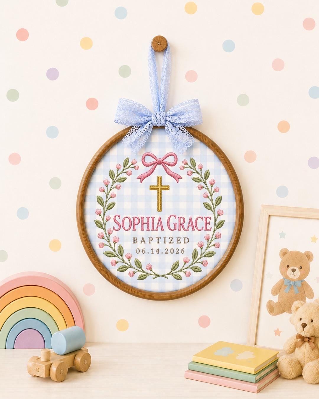Personalized Baptism Embroidered Ornament, Custom Baby Name Christening Gift, Floral Cross Keepsake, Baby Girl Baptism Decor