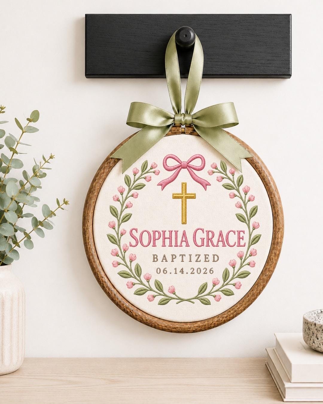 Personalized Baptism Embroidered Ornament, Custom Baby Name Christening Gift, Floral Cross Keepsake, Baby Girl Baptism Decor