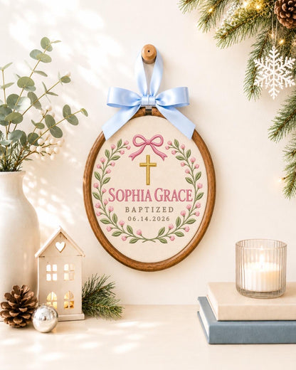 Personalized Baptism Embroidered Ornament, Custom Baby Name Christening Gift, Floral Cross Keepsake, Baby Girl Baptism Decor