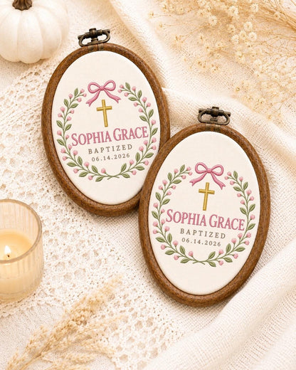 Personalized Baptism Embroidered Ornament, Custom Baby Name Christening Gift, Floral Cross Keepsake, Baby Girl Baptism Decor
