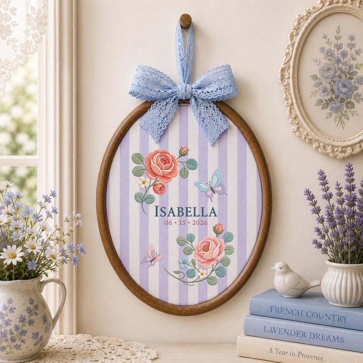 Personalized Rose Embroidery Hoop, Isabella Name and Date Ornament, Floral Butterfly Oval Wall Hanging, Romantic Nursery Gift