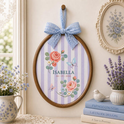 Personalized Rose Embroidery Hoop, Isabella Name and Date Ornament, Floral Butterfly Oval Wall Hanging, Romantic Nursery Gift