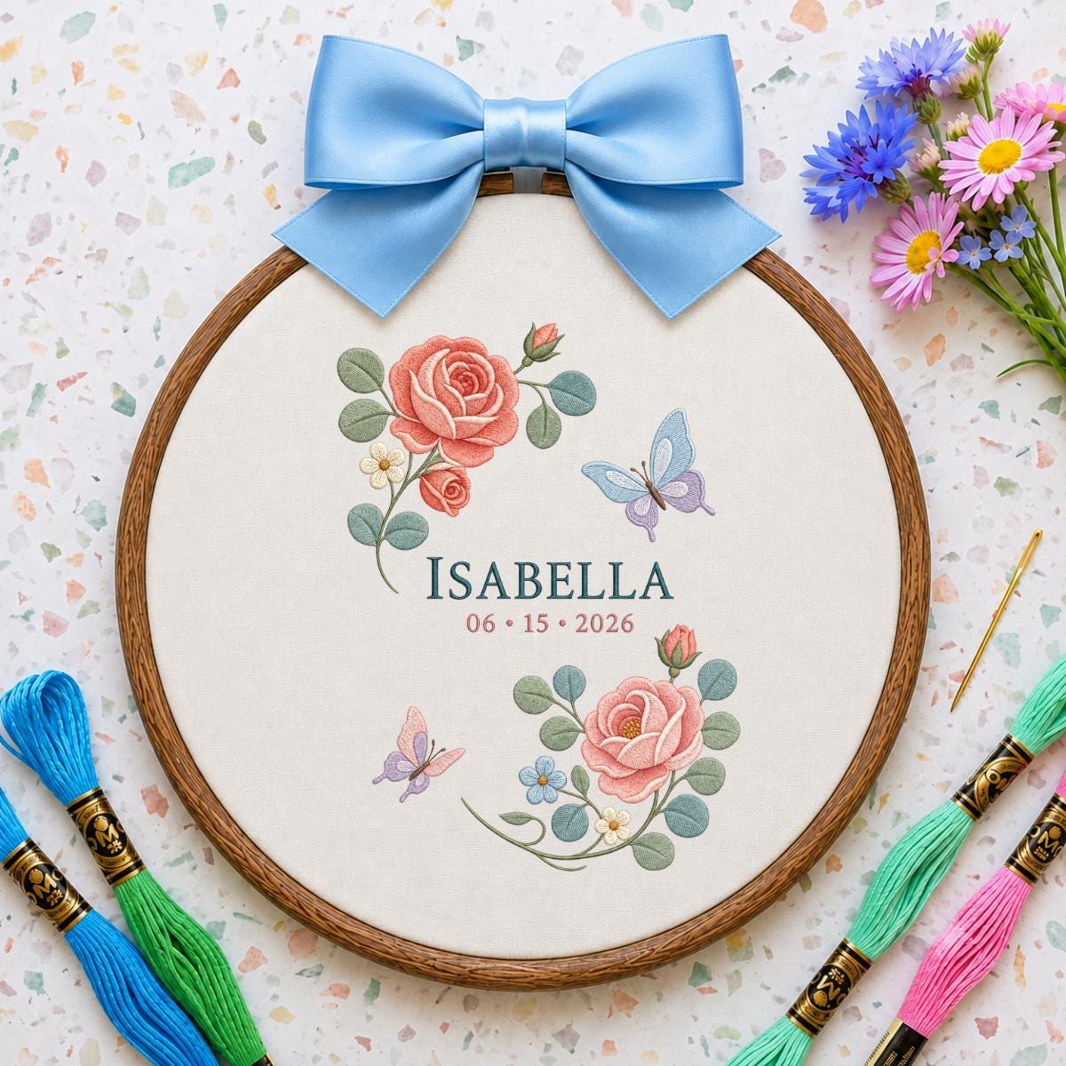 Personalized Rose Embroidery Hoop, Isabella Name and Date Ornament, Floral Butterfly Oval Wall Hanging, Romantic Nursery Gift