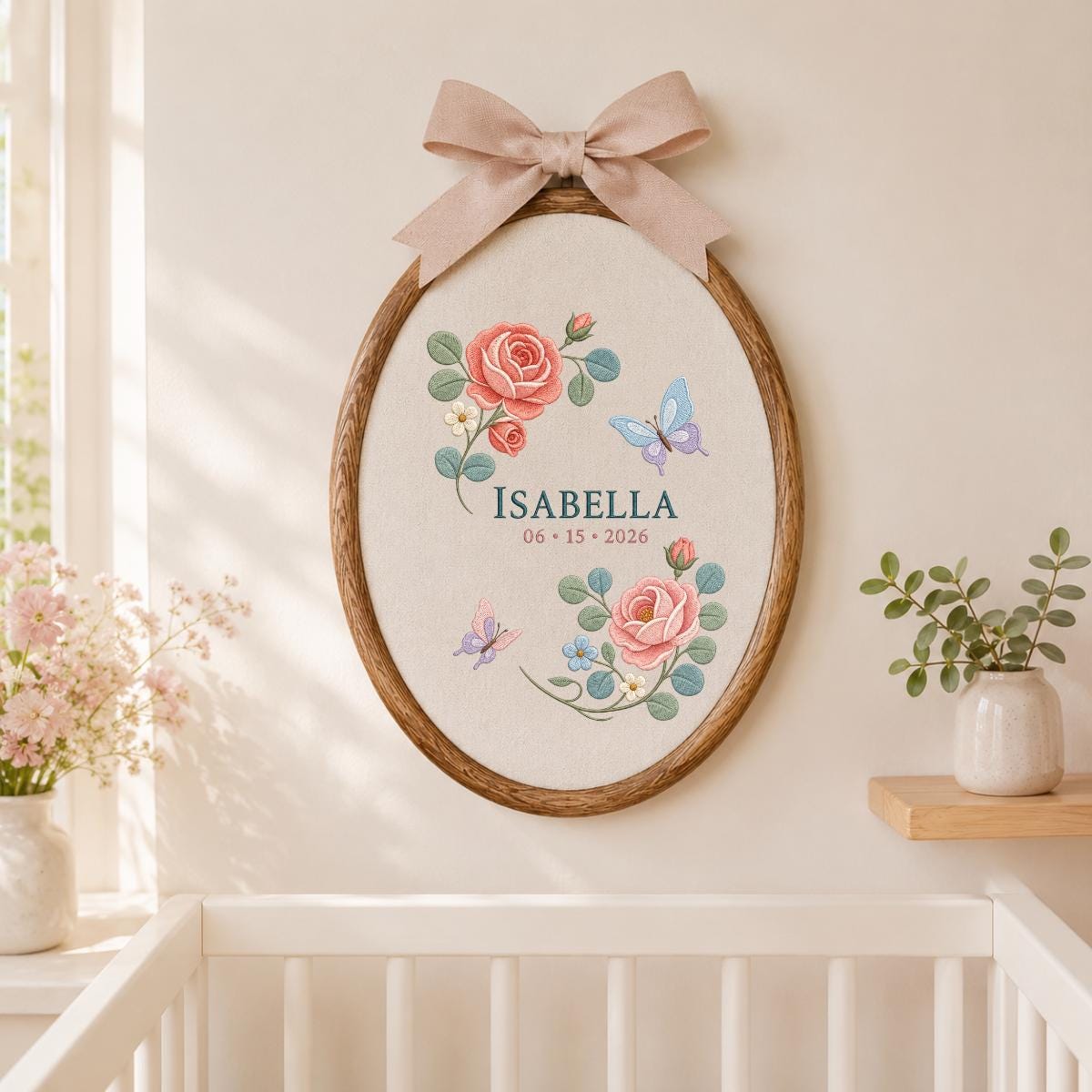 Personalized Rose Embroidery Hoop, Isabella Name and Date Ornament, Floral Butterfly Oval Wall Hanging, Romantic Nursery Gift