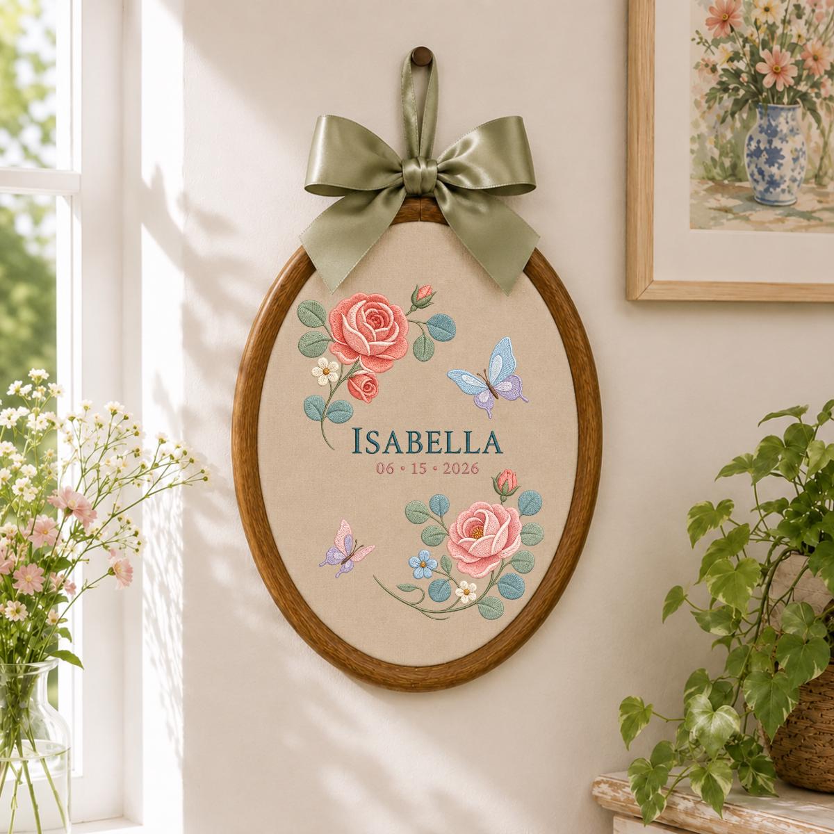 Personalized Rose Embroidery Hoop, Isabella Name and Date Ornament, Floral Butterfly Oval Wall Hanging, Romantic Nursery Gift