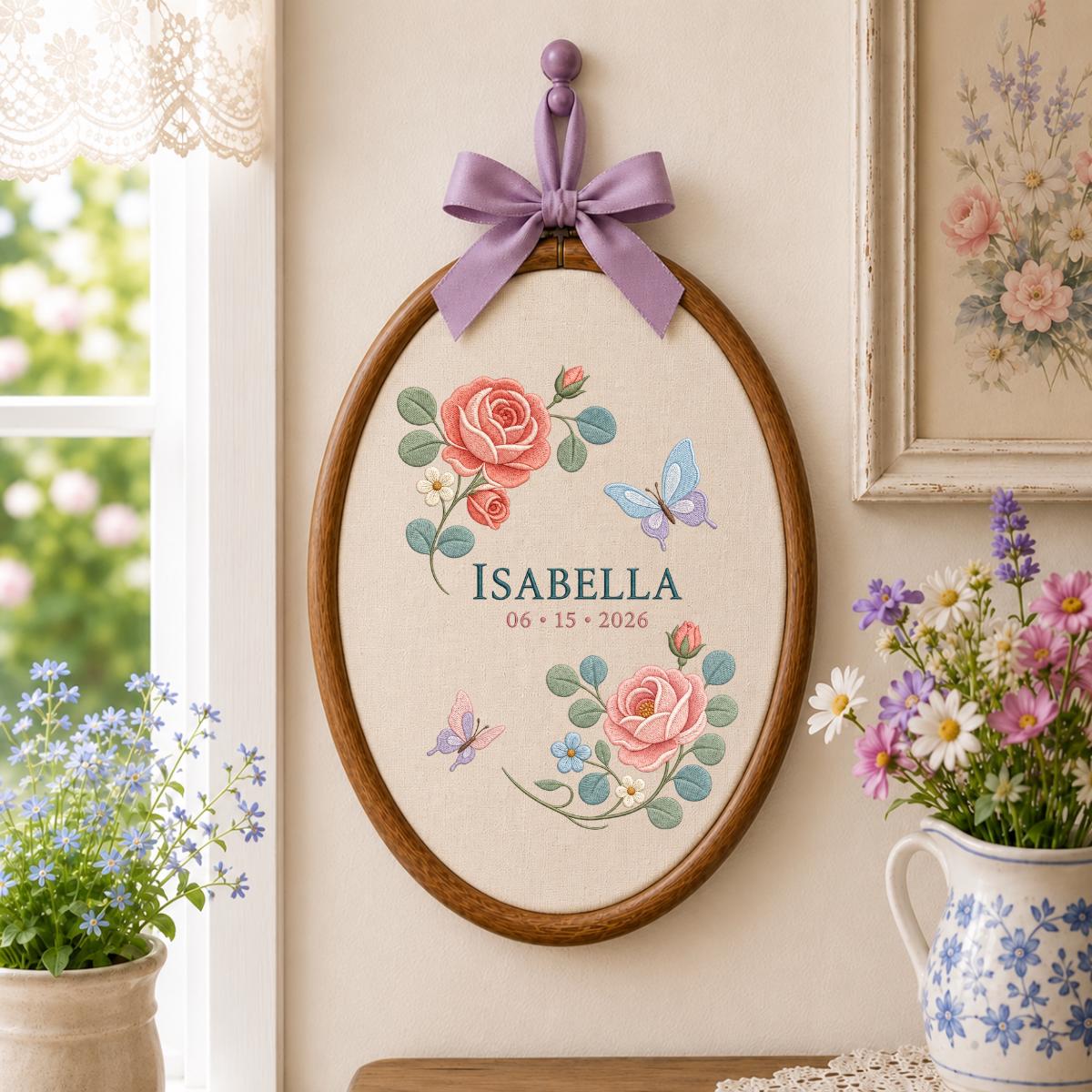 Personalized Rose Embroidery Hoop, Isabella Name and Date Ornament, Floral Butterfly Oval Wall Hanging, Romantic Nursery Gift