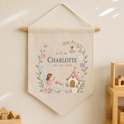 Personalized Woodland Pennant, Charlotte Fairy Garden Embroidery, Mushroom Cottage and Floral Banner, Custom Nursery Wall Decor