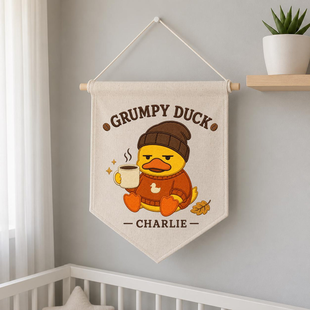 Personalized Grumpy Duck Banner, Charlie Coffee Embroidery Wall Hanging, Funny Farmhouse Decor, Cute Animal Pennant, Custom Gift