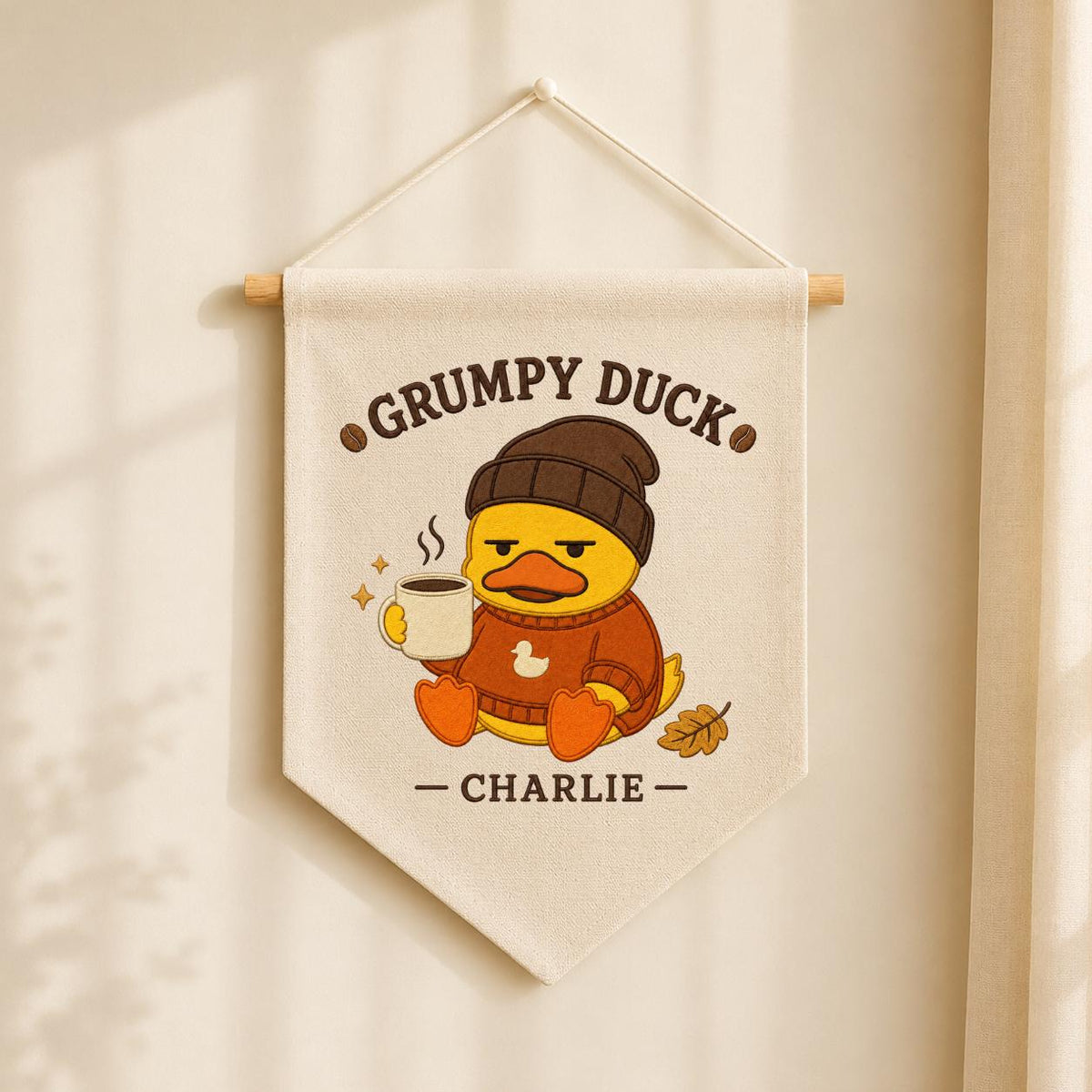 Personalized Grumpy Duck Banner, Charlie Coffee Embroidery Wall Hanging, Funny Farmhouse Decor, Cute Animal Pennant, Custom Gift