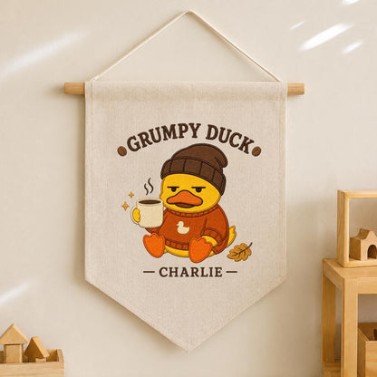 Personalized Grumpy Duck Banner, Charlie Coffee Embroidery Wall Hanging, Funny Farmhouse Decor, Cute Animal Pennant, Custom Gift