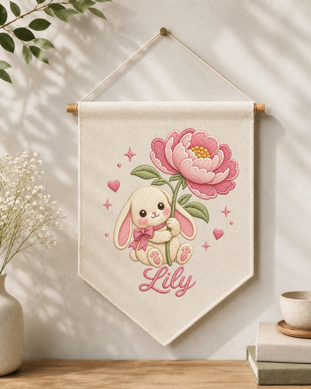 Personalized Bunny Floral Wall Hanging, Custom Name Embroidered Banner, Pink Flower Rabbit Nursery Decor, Baby Girl Room Gift