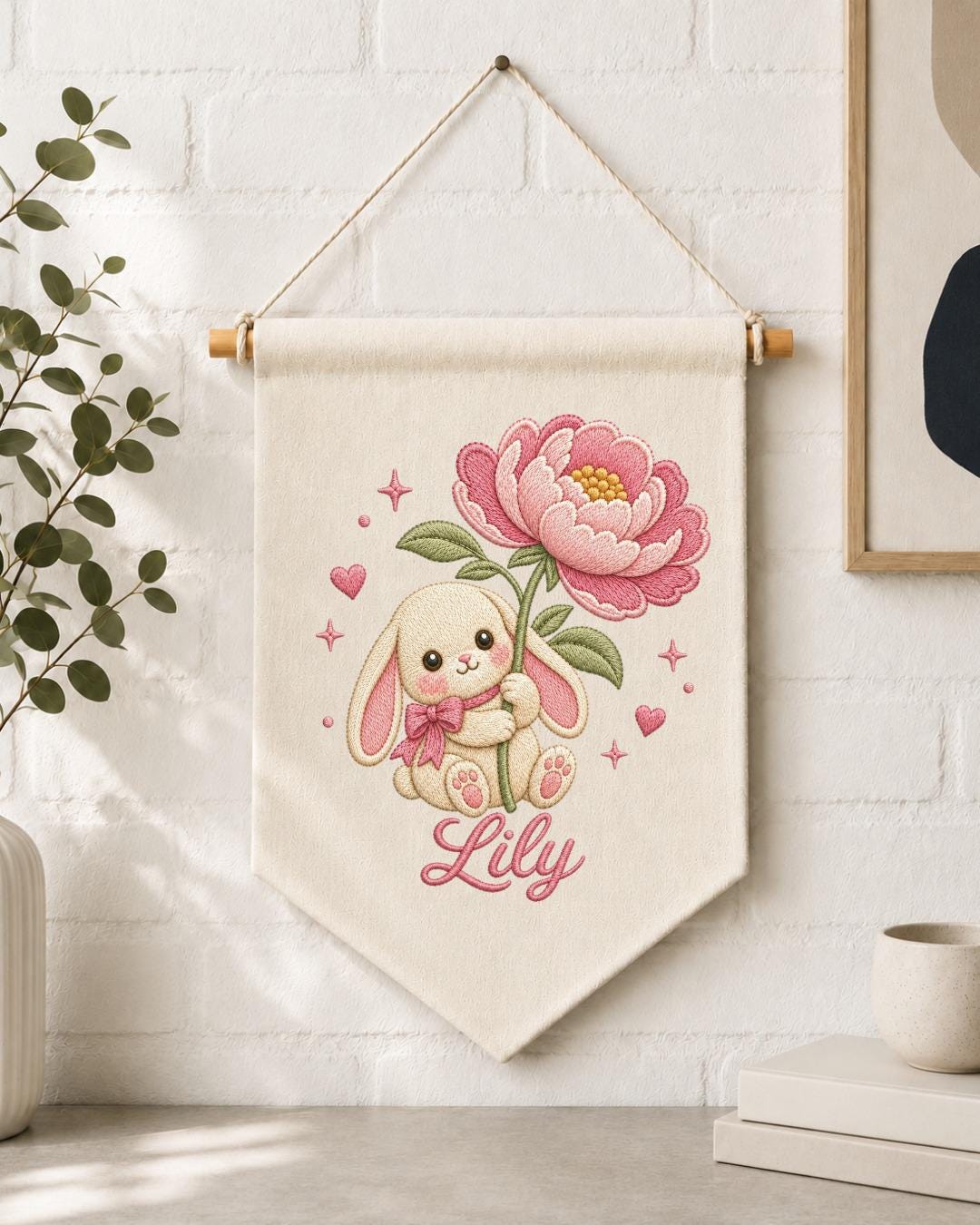 Personalized Bunny Floral Wall Hanging, Custom Name Embroidered Banner, Pink Flower Rabbit Nursery Decor, Baby Girl Room Gift