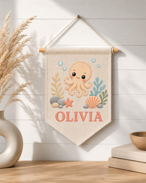 Personalized Octopus Nursery Wall Hanging, Custom Name Embroidered Banner, Under the Sea Baby Girl Room Decor, Ocean Nursery Gift