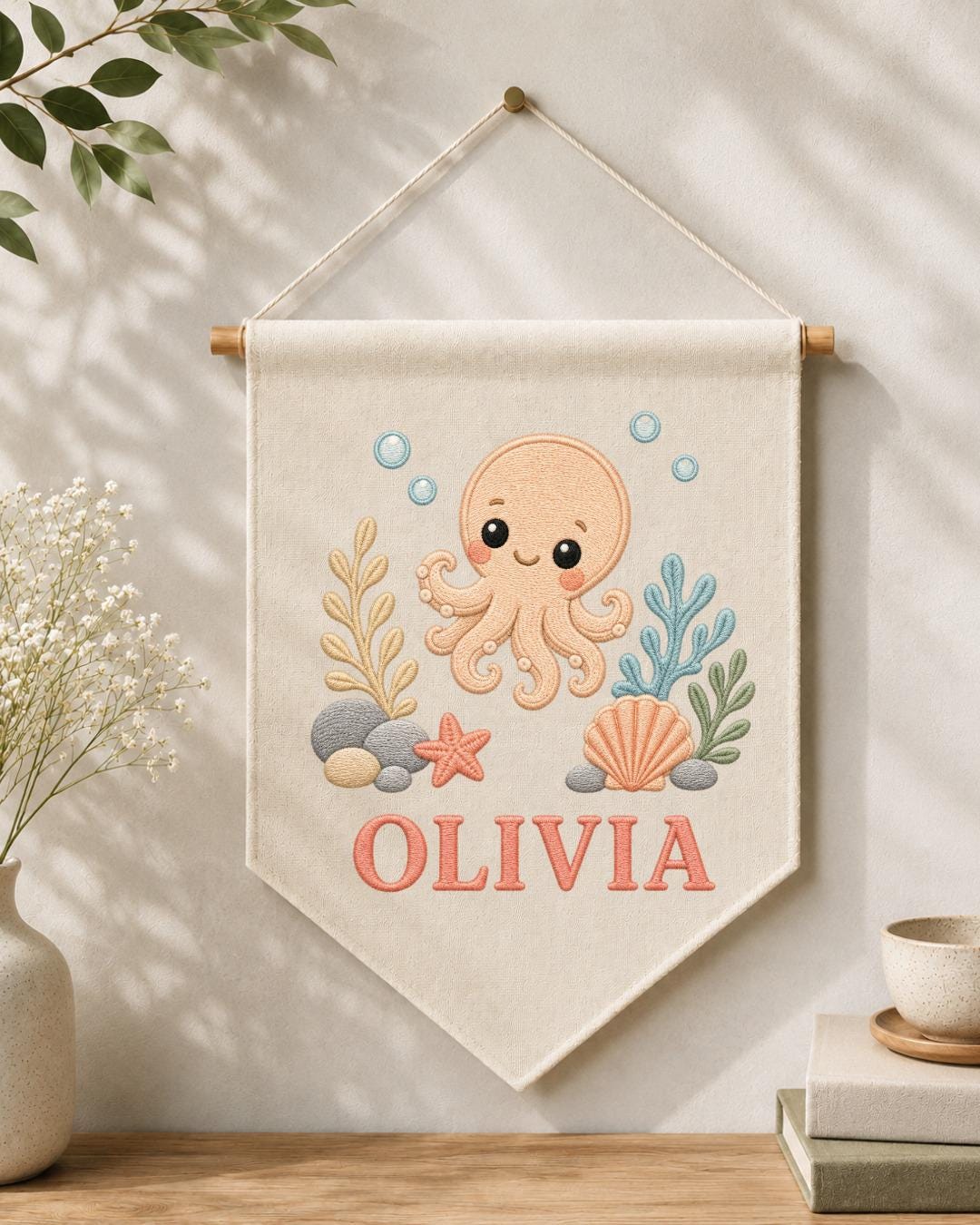 Personalized Octopus Nursery Wall Hanging, Custom Name Embroidered Banner, Under the Sea Baby Girl Room Decor, Ocean Nursery Gift