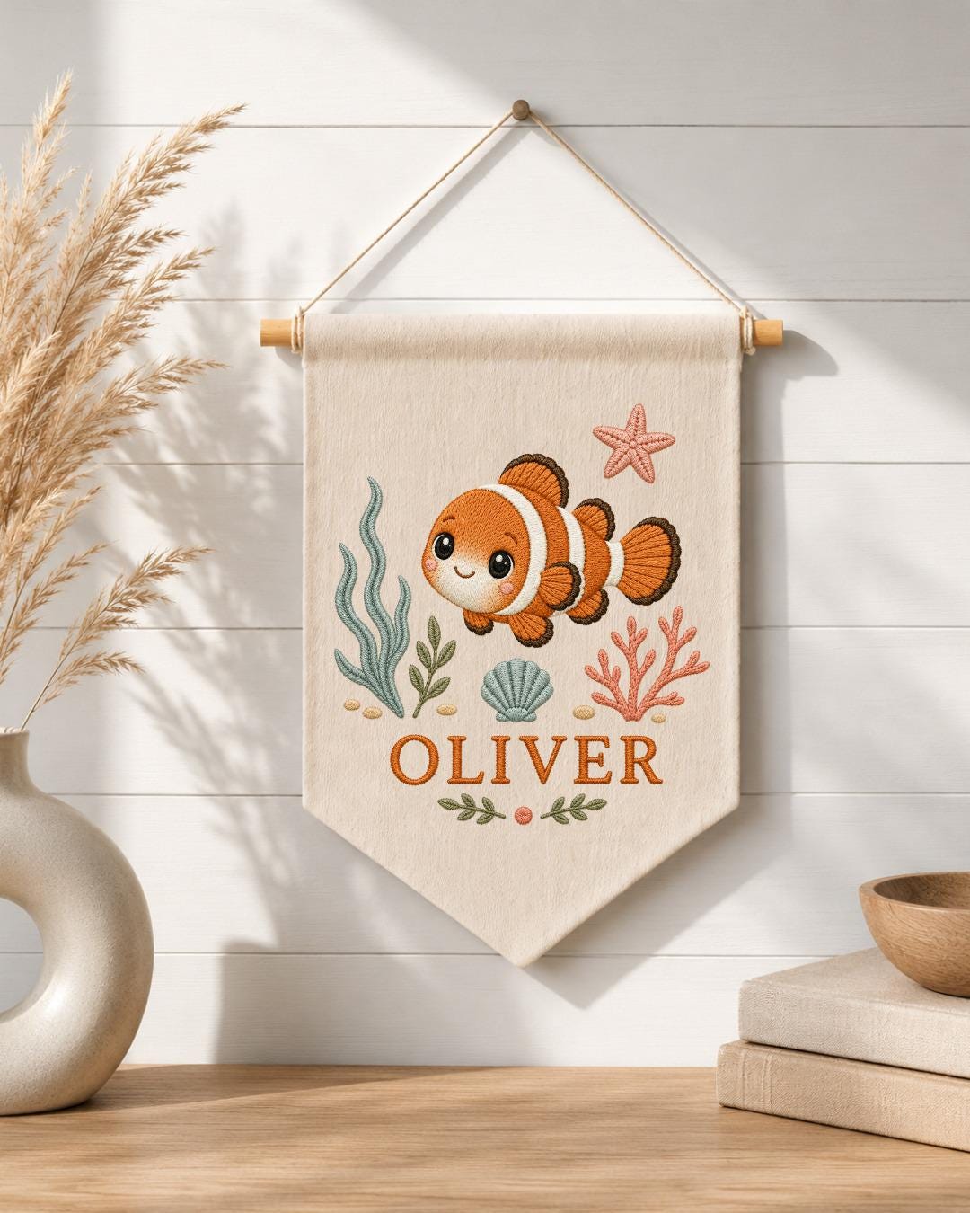 Personalized Clownfish Nursery Wall Hanging, Custom Name Embroidered Banner, Ocean Baby Room Decor, Under the Sea Nursery Gift