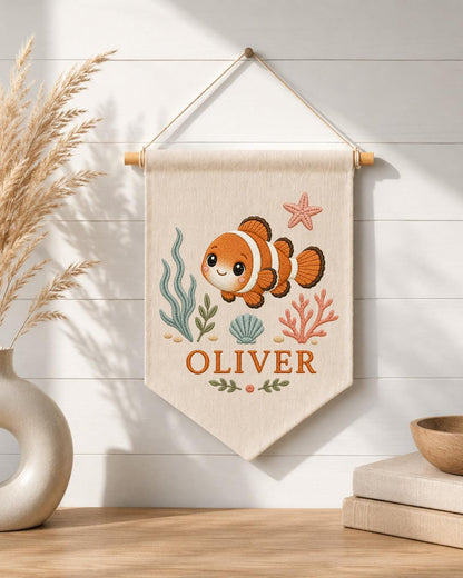 Personalized Clownfish Nursery Wall Hanging, Custom Name Embroidered Banner, Ocean Baby Room Decor, Under the Sea Nursery Gift