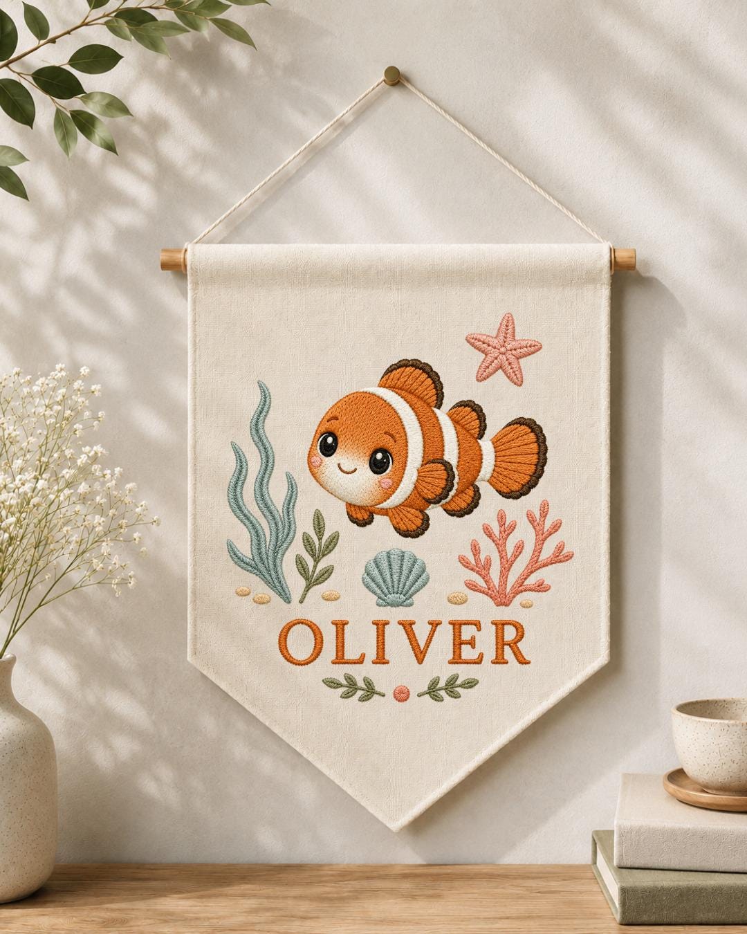Personalized Clownfish Nursery Wall Hanging, Custom Name Embroidered Banner, Ocean Baby Room Decor, Under the Sea Nursery Gift
