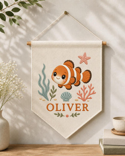 Personalized Clownfish Nursery Wall Hanging, Custom Name Embroidered Banner, Ocean Baby Room Decor, Under the Sea Nursery Gift