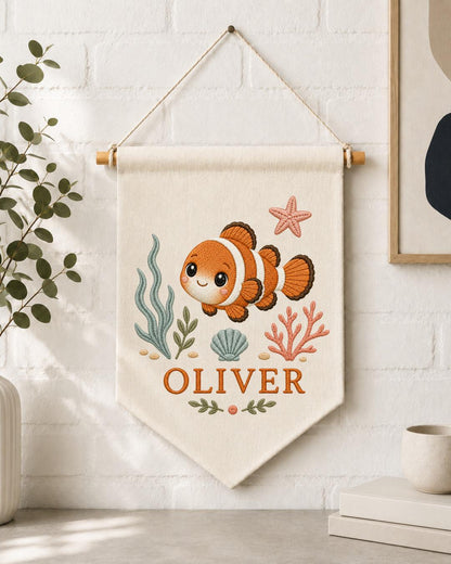 Personalized Clownfish Nursery Wall Hanging, Custom Name Embroidered Banner, Ocean Baby Room Decor, Under the Sea Nursery Gift