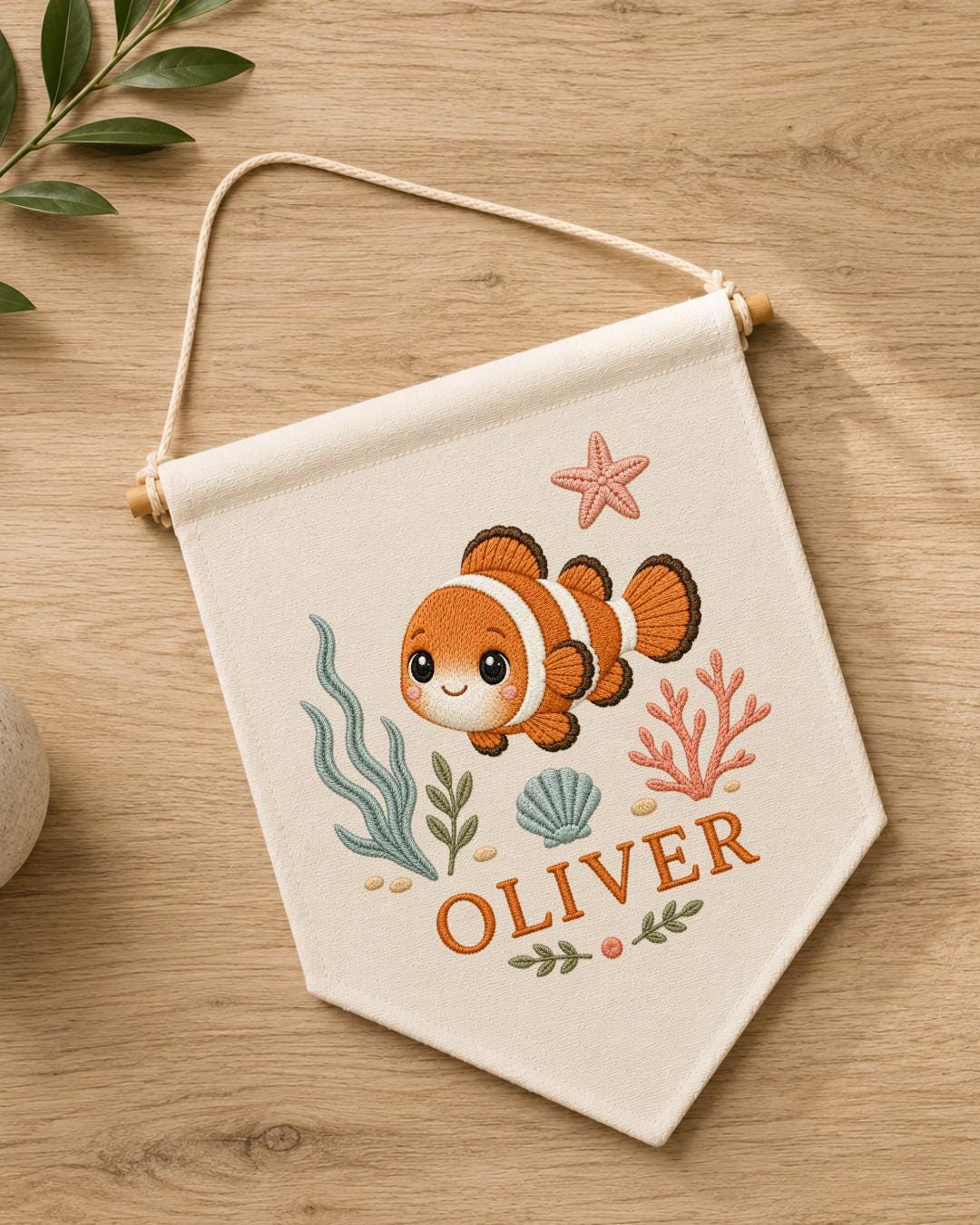 Personalized Clownfish Nursery Wall Hanging, Custom Name Embroidered Banner, Ocean Baby Room Decor, Under the Sea Nursery Gift