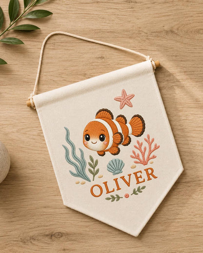 Personalized Clownfish Nursery Wall Hanging, Custom Name Embroidered Banner, Ocean Baby Room Decor, Under the Sea Nursery Gift