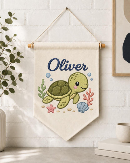Personalized Sea Turtle Nursery Wall Hanging, Custom Name Embroidered Banner, Ocean Baby Room Decor, Under the Sea Nursery Gift