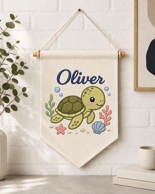 Personalized Sea Turtle Nursery Wall Hanging, Custom Name Embroidered Banner, Ocean Baby Room Decor, Under the Sea Nursery Gift
