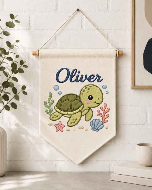 Personalized Sea Turtle Nursery Wall Hanging, Custom Name Embroidered Banner, Ocean Baby Room Decor, Under the Sea Nursery Gift