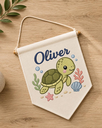 Personalized Sea Turtle Nursery Wall Hanging, Custom Name Embroidered Banner, Ocean Baby Room Decor, Under the Sea Nursery Gift