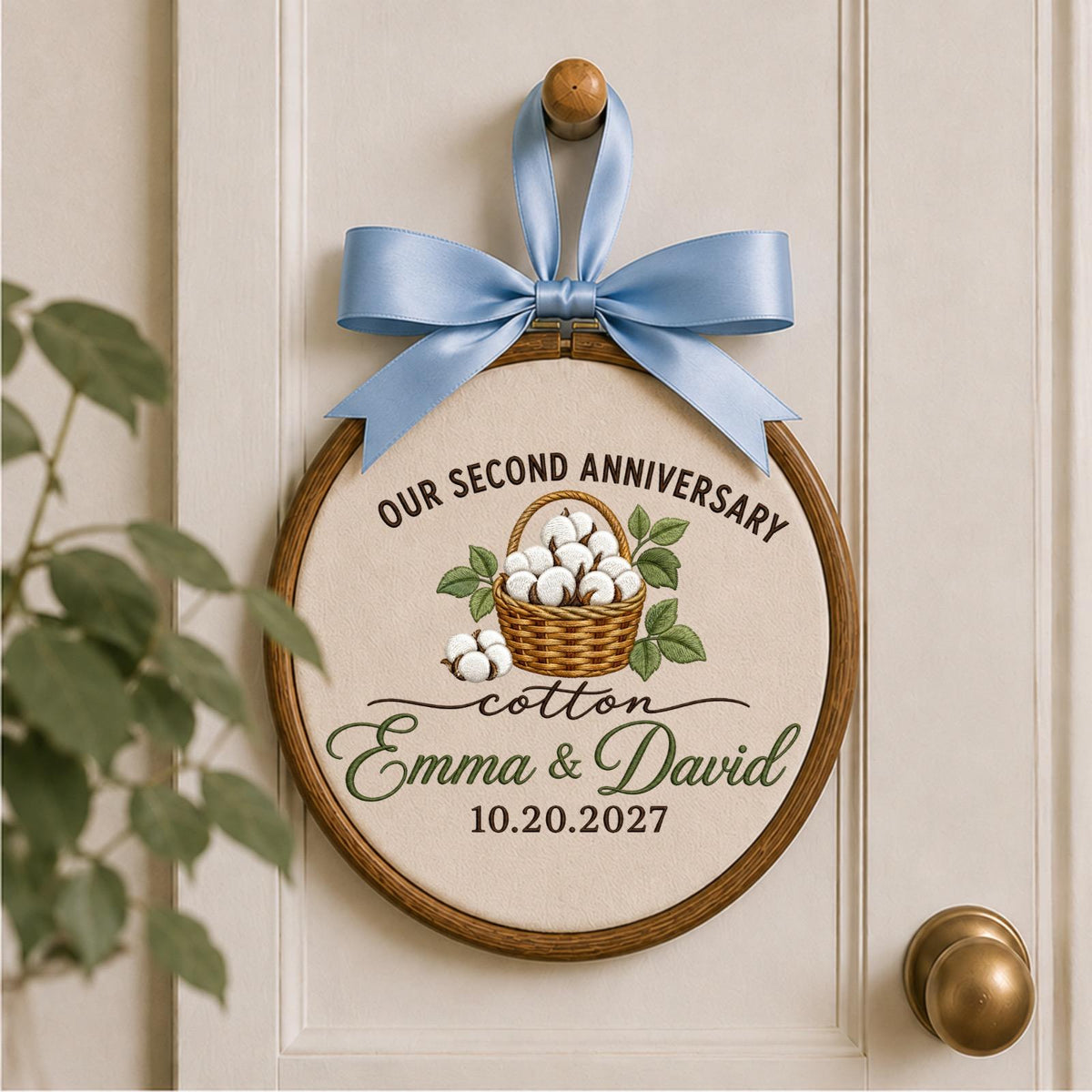 Personalized 2nd Anniversary Embroidered Ornament, Cotton Anniversary Gift for Couple, Custom Names Wedding Keepsake, Second Anniversary